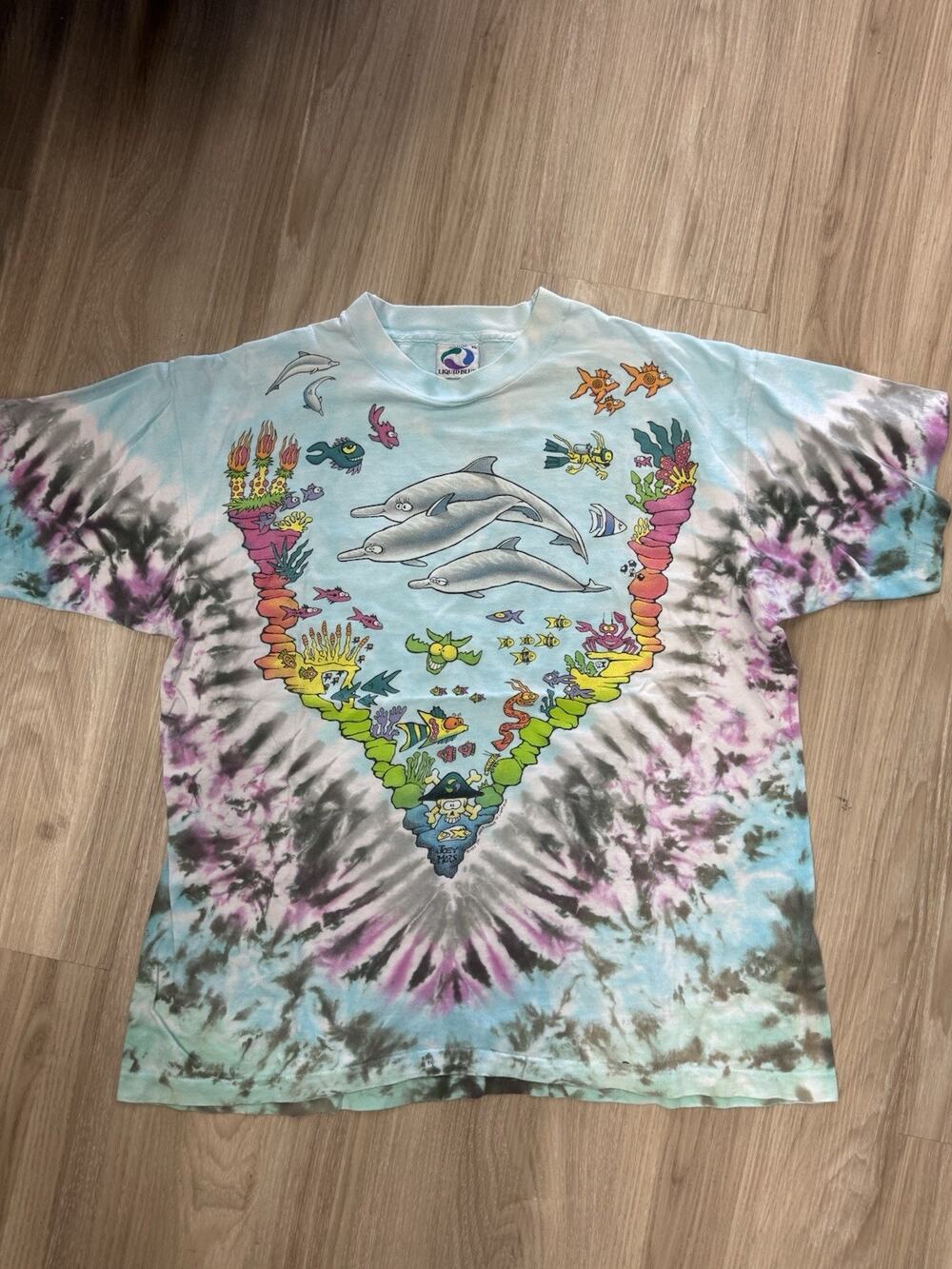 Liquid Blue Tie Dye Ocean Graphic T-Shirt Dolphins Whales Coral Cotton Men's